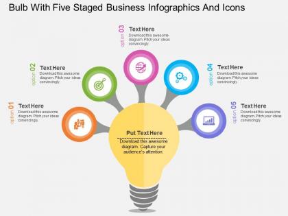 Jd bulb with five staged business infographics and icons flat powerpoint design