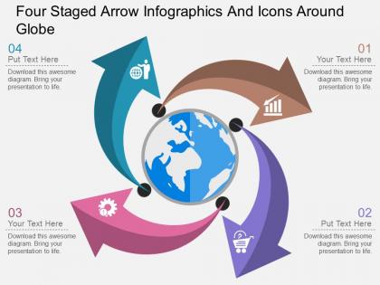 Jo four staged arrow infographics and icons around globe flat powerpoint design