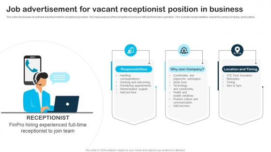 Job Advertisement For Vacant Receptionist Position In Business