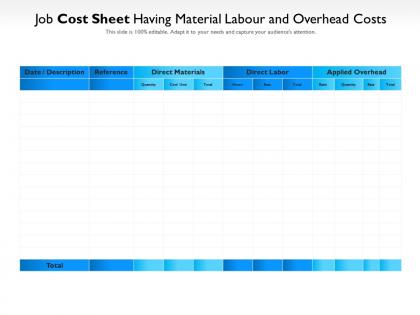 Job cost sheet having material labour and overhead costs