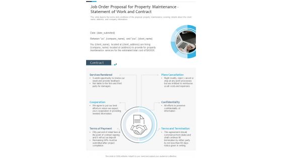 Job Order For Property Maintenance Statement Of Work And Contract One Pager Sample Example Document