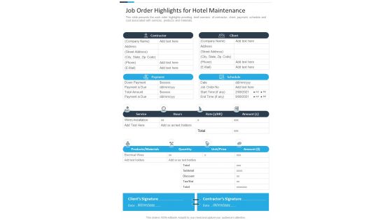 Job Order Highlights For Hotel Maintenance One Pager Sample Example Document