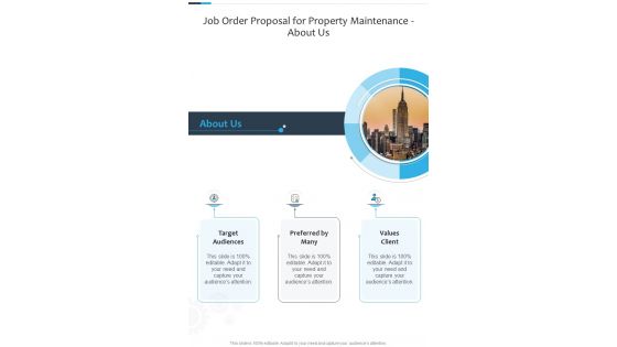 Job Order Proposal For Property Maintenance About Us One Pager Sample Example Document