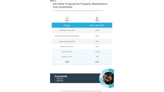 Job Order Proposal For Property Maintenance Your Investment One Pager Sample Example Document