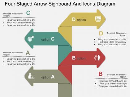 Jq four staged arrow signboard and icons diagram flat powerpoint design