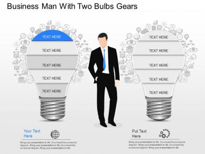 Jt business man with two bulbs gears powerpoint template