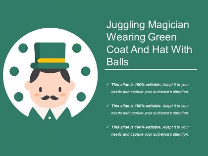 Juggling magician wearing green coat and hat with balls