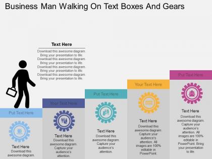 Kb business man walking on text boxes and gears flat powerpoint design