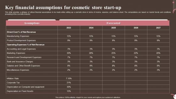 Key Assumptions For Cosmetic Store Start Up Personal And Beauty Care Business Plan BP SS