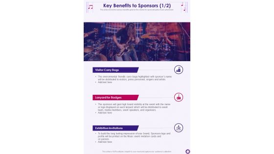 Key Benefits To Sponsors Musicians Event Proposal One Pager Sample Example Document