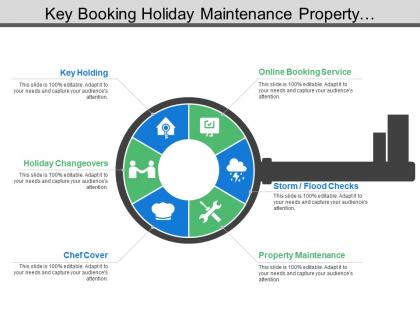 Key booking holiday maintenance property management with icons and magnifying glass