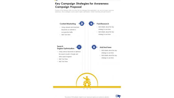 Key Campaign Strategies For Awareness Campaign Proposal One Pager Sample Example Document