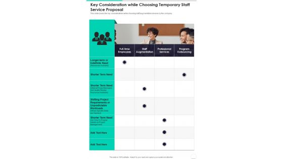 Key Consideration While Choosing Temporary Staff Service Proposal One Pager Sample Example Document
