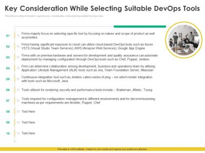 Key consideration while selecting suitable devops tools ppt pictures example