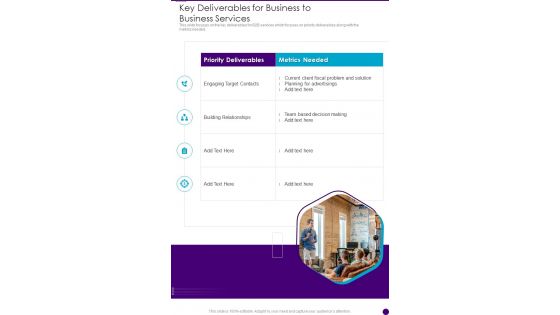 Key Deliverables For Business To Business Services One Pager Sample Example Document