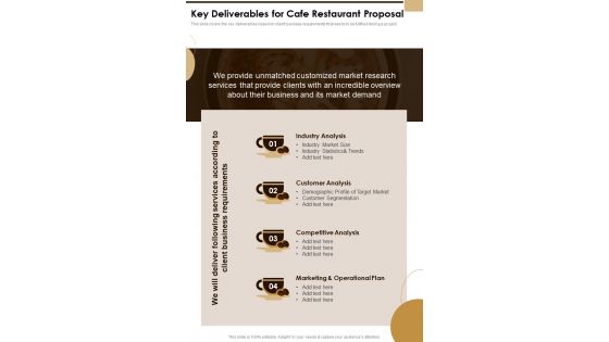Key Deliverables For Cafe Restaurant Proposal One Pager Sample Example Document