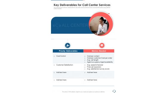 Key Deliverables For Call Center Services One Pager Sample Example Document