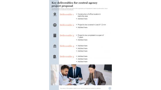 Key Deliverables For Central Agency Project Proposal One Pager Sample Example Document