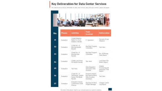 Key Deliverables For Data Center Services One Pager Sample Example Document