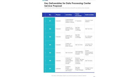 Key Deliverables For Data Processing Center Service Proposal One Pager Sample Example Document