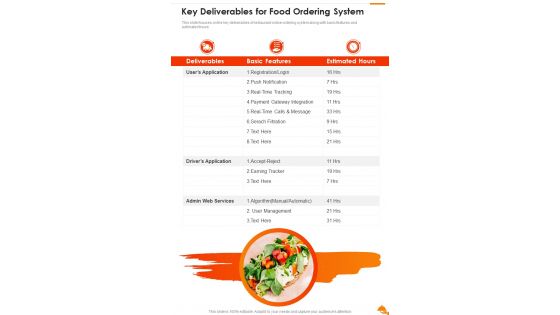 Key Deliverables For Food Ordering System One Pager Sample Example Document