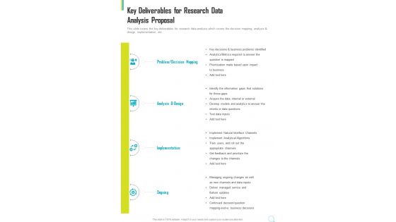 Key Deliverables For Research Data Analysis Proposal One Pager Sample Example Document
