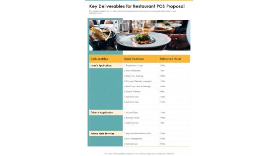 Key Deliverables For Restaurant POS Proposal One Pager Sample Example Document