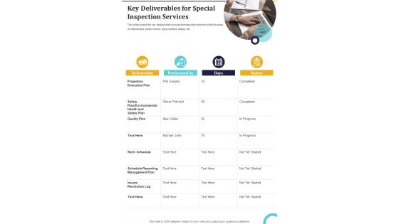 Key Deliverables For Special Inspection Services One Pager Sample Example Document