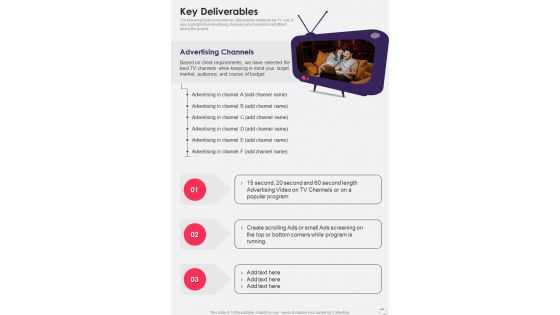 Key Deliverables Tv Advertisement Service Proposal One Pager Sample Example Document