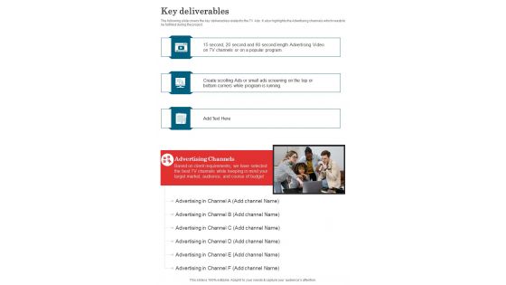 Key Deliverables Tv Endorsement Service Proposal One Pager Sample Example Document
