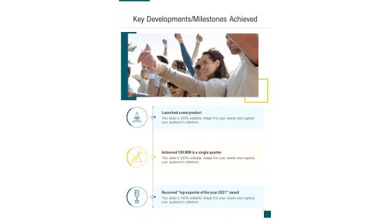 Key Developments Milestones Achieved Financial Proposal One Pager Sample Example Document