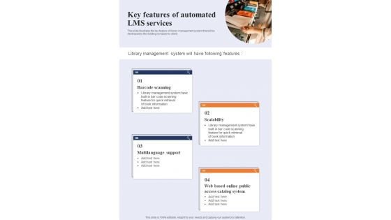 Key Features Of Automated LMS Services One Pager Sample Example Document