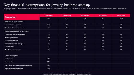 Key Financial Assumptions For Jewelry Fine Jewelry Business Plan BP SS