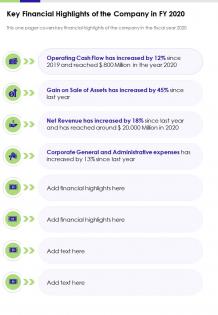 Key financial highlights of the company in fy 2020 presentation report infographic ppt pdf document