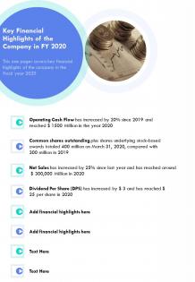 Key financial highlights of the company in fy 2020 template 51 report infographic ppt pdf document