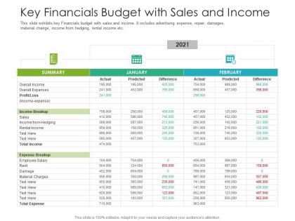 Key financials budget with sales and income