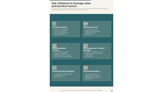 Key Initiatives To Leverage Sales Post Product Launch One Pager Sample Example Document