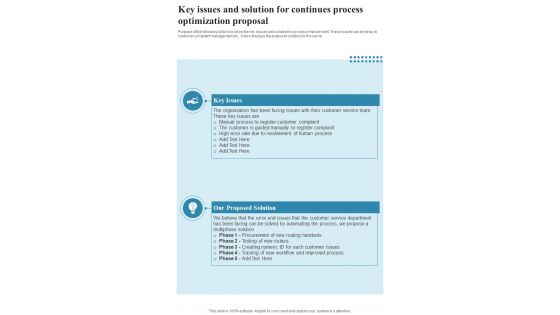 Key Issues And Solution For Continues Process Optimization Proposal One Pager Sample Example Document