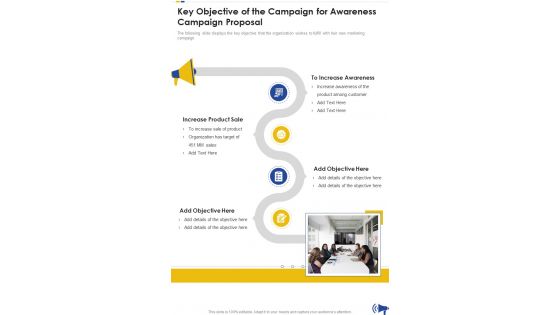Key Objective Of The Campaign For Awareness Campaign Proposal One Pager Sample Example Document