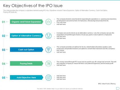 Key objectives of the ipo issue pitchbook for initial public offering deal ppt ideas slide