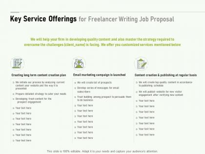 Key service offerings for freelancer writing job proposal ppt powerpoint slides