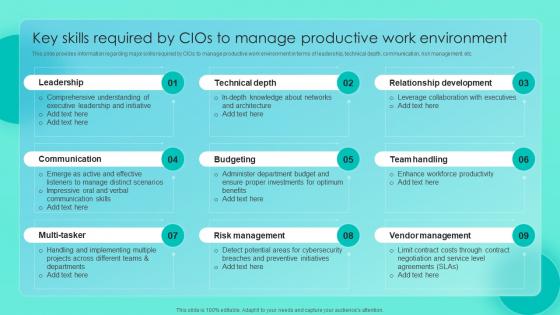 Key Skills Required By CIOs To Manage Productive Work Environment Essential CIOs Initiatives For It Cost
