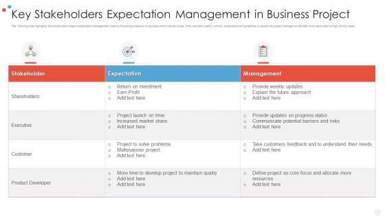 Key stakeholders expectation management in business project