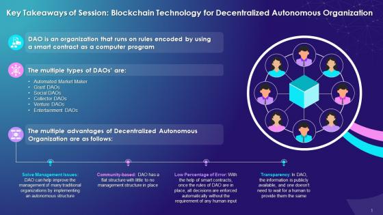 Key Takeaways For Blockchain Technology Based Dao Training Session Training Ppt