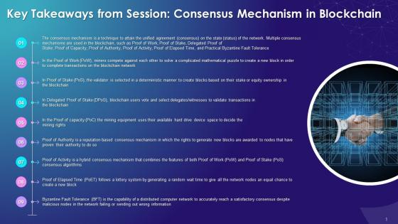 Key Takeaways From Consensus Mechanism In Blockchain Session Training Ppt