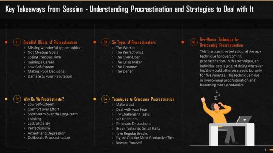 Key Takeaways From The Session On Procrastination Strategies Training Ppt