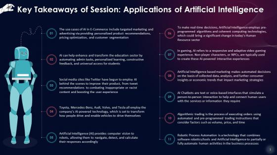 Key Takeaways Of Session On Applications Of Artificial Intelligence Training Ppt