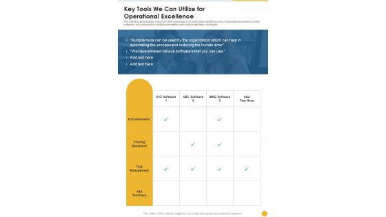 Key Tools We Can Utilize For Operational Excellence One Pager Sample Example Document