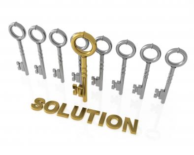 Keys in row with one golden key to show solution stock photo