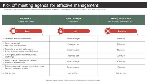 Kick Off Meeting Agenda For Effective Management Strategic Process To Create